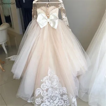 Clássico Vestido Da Menina De Flor Com Arco Apliques De Renda Manga Longa Para O Bola De Casamento Vestido De Primeira Comunhão Vestidos