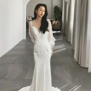 Cetim leve vestido de noiva slim branco simples de vestido de noiva temperamento fishtail vestido de noite feminino