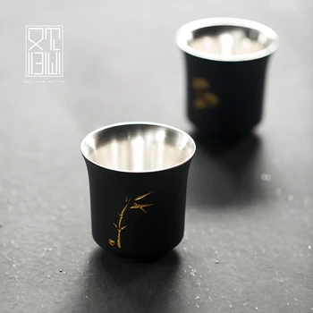 Kung Fu xícara (chá) xícara (chá) de cerâmica preta cerâmica master cup único Japonês prata esterlina de chá de vinho do copo banhado a prata