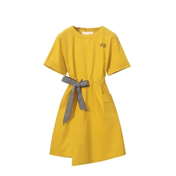 Verão elegante amarelo senhora do vestido de 2020 novo tamanho grande gola redonda, manga Curta cintura Vestidos slim fino arco vestido A833