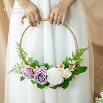 HIMSTORY de Noiva Segurando Flores de Seda de Casamento Cesta de Bouquets de Noiva Flor Folha Verde Noiva Buquê de Mão