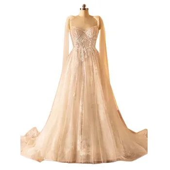 Champanhe Boho Vestidos de Noiva linha-V-pescoço Tule Apliques de Pérolas Espanha Vestido de Casamento Vestido de Noiva Vestidos De Noiva