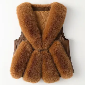 De inverno de 2022, a nova falso fox cabelo colete curto mulheres eco-friendly pele jaqueta colete com colete de couro