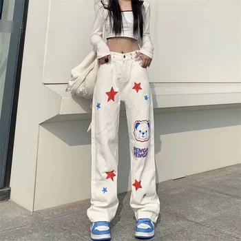 Y2K Harajuku Mulheres coreano de Hip Hop Urso Jeans Egirl de Perna Larga Calças Retas Calças Femininas de Cintura Alta Jeans Baggy Kawaii Roupas