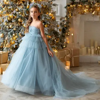 Elegante Azul Sem Mangas De Tule Inchados De Vestidos Da Menina De Flor Para A Noiva 2023 Princesa Pura Pescoço Crianças, Concurso De Vestidos De Primeira Comunhão