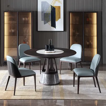 Luz moderna de luxo em madeira maciça mesa de jantar com elétrica giratória família simples mesa de jantar e cadeira de combinação