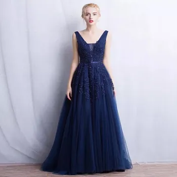 LE40761 Vintage Azul Beading Vestido de Noite com decote em V Uma linha Longa de Renda Applique Vestido de Baile