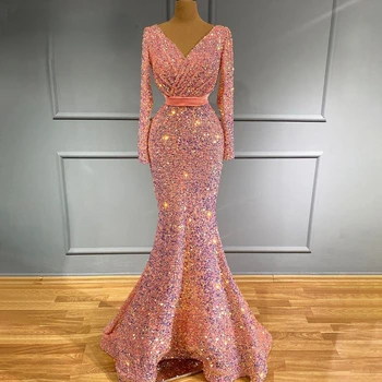Sereia Glitter Vestido de Noite para Mulheres 2022 Brilho de Lantejoulas de Veludo V Pescoço Mangas compridas Prom Vestido de Festa Vestido Cinto de segurança Ajustável
