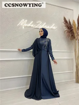 Manga Longa Hijab Muçulmano Vestidos De Noite De Cetim Chiffon Frisada Islâmica Alta Pescoço Vestido Festa Formal Arábia Árabe De Dubai Kaftan Manto