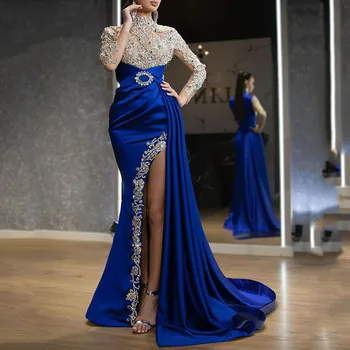CloverBridal Mangas compridas de Luxo Glitter Vestidos de Baile, Sereia Azul Royal Vestido da Ocasião Especial robe de soirée femme WP9841