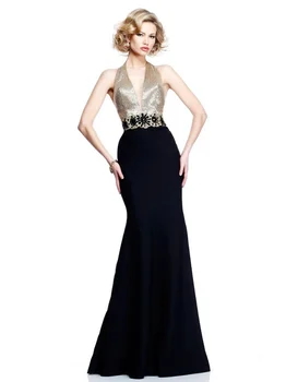 frete grátis moda de nova beading decote em v vestido de festa vestido de festa robe de sarau de 2014 sexy sem encosto preto longo vestido de noite