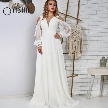 OYISHA Chique Elegante Vestido de Casamento Para a Noiva 2023 Chiffon com Decote em V Uma Linha de Renda de Manga comprida Andar Vestido de Noiva Comprimento Lace-up de Volta
