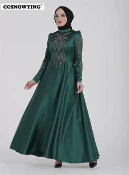 Muçulmano Apliques Cetim Vestidos De Noite Árabe De Dubai Manga Longa Hijab Islâmica Festa Formal Vestido De Gola Alta Robe De Sarau