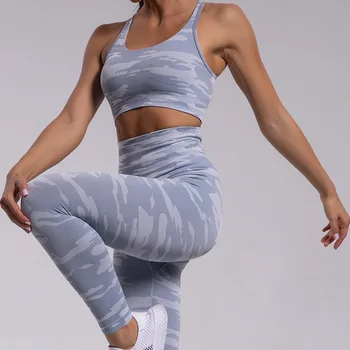 Camuflagem Yoga terno das mulheres sutiã de esportes de volta lindo de absorção de suor Calças executando o Conjunto de roupas de fitness 2 pc definido para mulheres