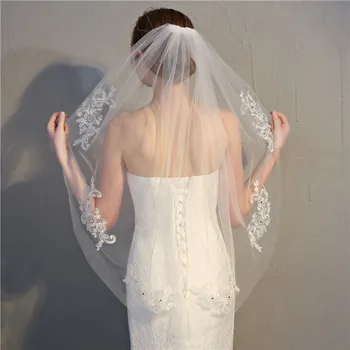 Elegante, Uma Camada De Apliques De Renda Véus De Noiva Branco Marfim Véu De Noiva, Com Pente De Acessórios De Casamento