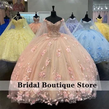 Cor-De-Rosa Vestidos De Quinceanera 2022 Com Cabo Apliques De Flores Querida Doce De 15 Vestido De Princesa Vestidos De Baile Lace-Up
