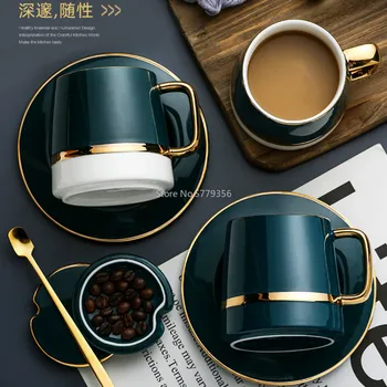 Nordic Luxo de Cerâmica Xícara de Café com a Colher de Verde Minimalista Tarde Copos de Chá de Alta Qualidade Xícara e Pires Conjunto
