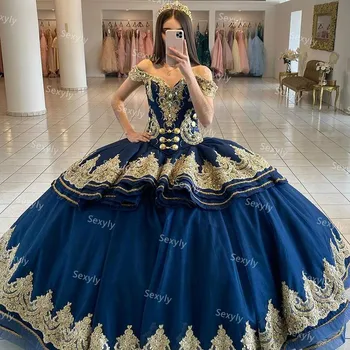 Princesa Azul Marinho Vestidos de Quinceanera Com Apliques de Ouro Fora Do Ombro Inchados de Tule Laço de Aniversário do Doce 16 Vestido vestidos