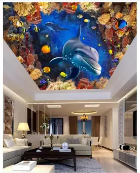 Personalizado com foto de papel de parede 3d teto murais papel de parede Mar Mediterrâneo, o Mundo Subaquático Aquário de Golfinhos de Teto papel de parede decoração
