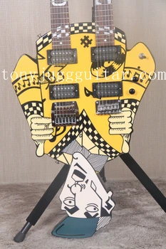 Truque barato do Rick Nielsen Pau do Tio Dupla Pescoço Amarelo Guitarra Elétrica, Branco Pérola Embutimento, Kahler Ponte à esquerda do pescoço