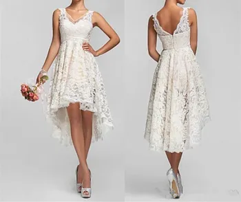 robe de mariee 2019 Renda Curto baratos Vestidos de Noiva Decote em V sem encosto de Uma Linha de Alta de Baixa Quente personalizado Vestido de Noiva vestido de noiva