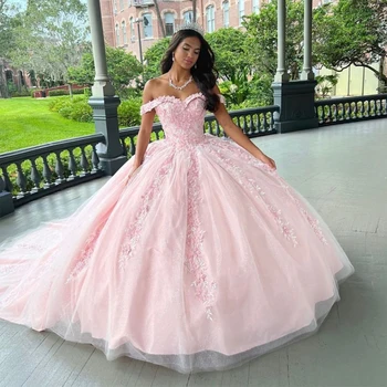 Cor-de-rosa Princesa Querida Vestidos de Quinceanera Off Ombro Apliques de Renda Bola Vestido Sweet 16 Dresses vestidos de 15 anos