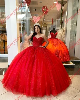 Glitter Vermelho Frisados de Cristal 2023 Barato Quinceanera de Noite Formal Vestidos de Festa Doce De 15 de 16 Anos XV de Tule Ruched Longo Querida