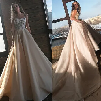 Ilusão De Uma Linha De Vestidos De Noiva Apliques De Renda Saia De Tule Natural Beading Vestidos De Noiva Moda Europeia Estilo De Vestidos De Noiva