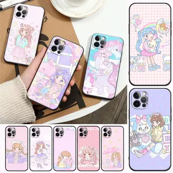 Kawaii Anime Bonito Menina Bonita Caso de Telefone para iPhone14 13 12 11 Pro Max 8 7 SE XR XS Plus Preto Macio Capa de Silicone Funda Coque