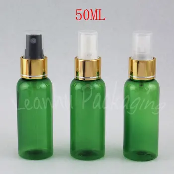 50ML Verde Rodada do Ombro Garrafa de Plástico Com Spray de Ouro Bomba , 50CC Maquiagem Sub-engarrafamento , Toner / Água de Embalagens de Garrafa