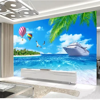 Parede personalizado Pano 3D, Vista para o Mar coqueiro Barco Paisagem natural de papel de Parede de Sala de Decoração do Quarto de Fundo Mural