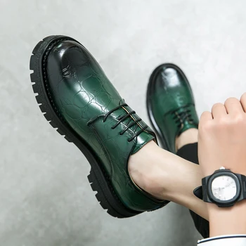 Marca De Luxo Do Laço Do Dedo Do Pé Redondo De Espessura Inferior Aumentada, De Oxford, Sapatos De Couro Verde Sapatos De Negócios Sapatos De Alta Qualidade Sapatos Casuais