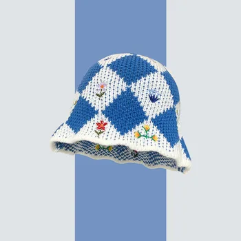 Malha chapéu Dobrável Bordado Chapéu de Balde Mesmo estilo das estrelas Pescador Chapéus de Malha chapéu coreano Casual Senhoras Geométricas chapéus