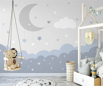 Personalizado menino e menina sala 3d papel de parede Nórdicos pintados à mão minimalista lua estrelado crianças da sala interior a imagem de fundo