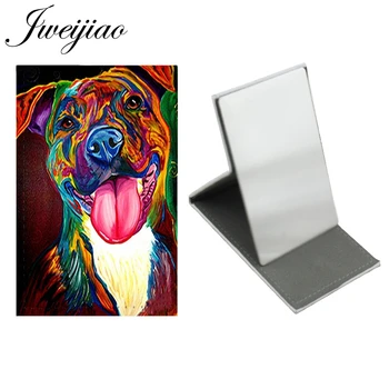 JWEIJIAO Linda Pintura do Cão de Estimação de Aço Inoxidável Tabela Desktop Espelho Dobrável Couro Composição de Viagem Bolsa de Espelho Presentes E196