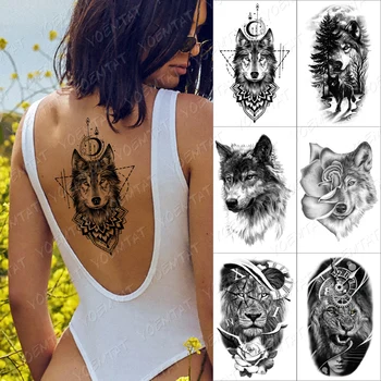 Luar Henna Lobo Da Etiqueta Temporária Tatuagem Para Homens, Mulheres, Animais Da Floresta Impermeável Falso Tigre, Leão, Corpo De Arte Tatoo Decalque