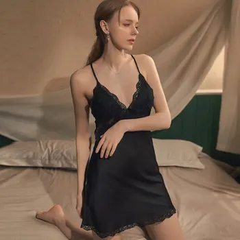 SEXY Mini Mulheres Nightdress do Verão de Cetim de Seda Pijamas de Suspender a Camisola de Cor Sólida Íntima, Lingerie Nova Casa Vestidos Vestido