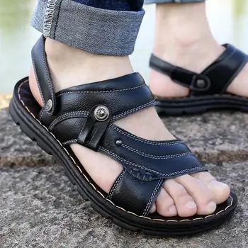 Chegada nova slip-on sandálias homens sapatos de verão solas de borracha antiderrapante masculino sapato de couro genuíno casual sapatos flats homens sandálias