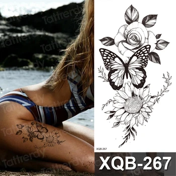 provisória da tatuagem da rosa peônia flores tatuagem de borboleta coxa plantas de folha de margarida flor tatoo falso impermeável para mulheres sexy tatuagens