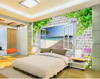 personalizado mural de fotos em 3d Papéis de parede janela à beira-mar ponte de madeira cenário de decoração de casa de fundo papel de parede para parede 3d sala de estar