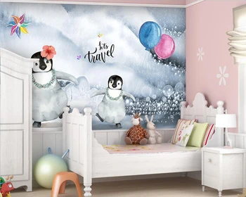 Papel de parede personalizado Bonito dos desenhos animados penguin balão crianças da sala na parede do fundo