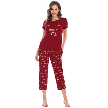 Aamikast Modal Mulheres Pijama Conjunto com Calças de Manga Curta, Olhos Impressão de Verão Fina Senhoras Conforto Pijamas Terno Plus Size para mulheres