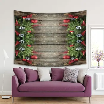 Tapeçaria Natal Verde Galhos de Árvores e Bolas Vermelhas sobre a Marrom Mesa de Madeira de dezembro de Férias de Inverno Tema Arte Impressa