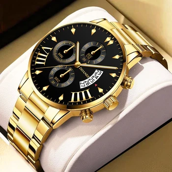 2022 Homens Relógios esportivos Luxo Ouro de Aço Inoxidável de Quartzo do Relógio de Pulso Masculino Business Casual de Couro Relógio Calendário часы мужские