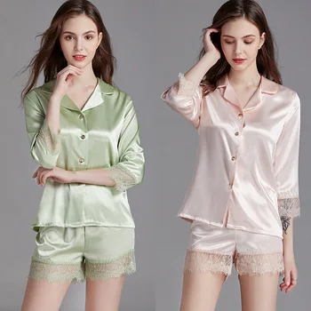 Nova marca Moda Verão feminina Pijama Terno de Seda, Poliéster V-Neck Lace Camisola Feminina Pijamas Camisas, Shorts