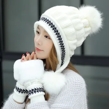 2022Women Outono e Inverno Novo com Capuz Chapéu coreano Moda Lã Bola Chapéu de Gorro de Malha Exterior Aquecido com Luvas de Senhoras Gorro