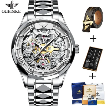 OUPINKE Homens Mecânicos, Relógios de pulso Esqueleto de Design Relógio Automático Luxo Safira Impermeável Relógios de 41mm de Discagem Reloj Hombre