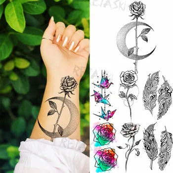Little Black Rose Lua Tatuagens Temporárias Para As Mulheres, As Crianças Pena De Guindaste De Papel Falso Etiqueta Da Tatuagem Corpo À Prova D'Água Arte Tatoos Decalque