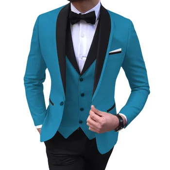 Azul-de-Fenda, Mens Ternos de 3 peças Xale Preto Lapela Casual Smoking para os Padrinhos de Casamento Ternos Homens 2020 (blazer+colete+calça)