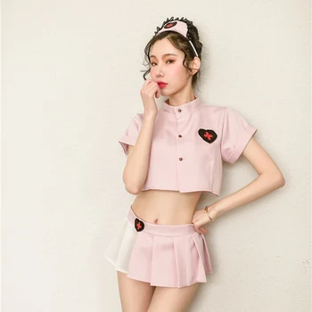 Sexy mousse de pijama conjunto de mulher a Cueca perspectiva de curto top plissado cor-de-rosa doce amor enfermeira de uniforme tentação terno preguiça